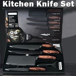 6 Piece Kitchen Knife Set with Brown Wood-Effect Handles